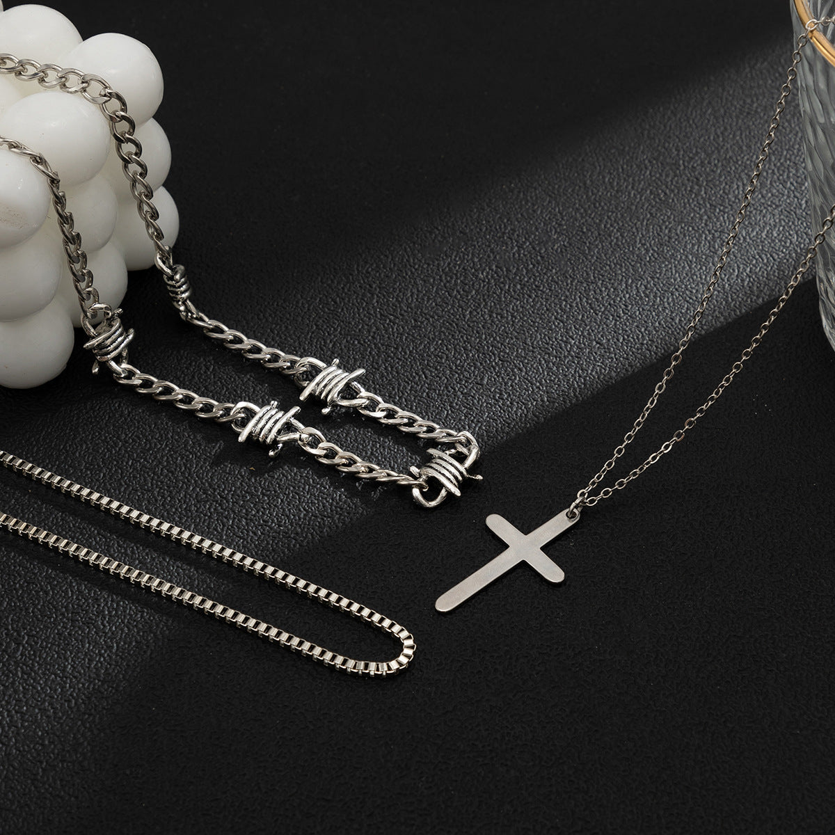 Men Fashionable and simple hip-hop style three-tiered pearl cross design necklace