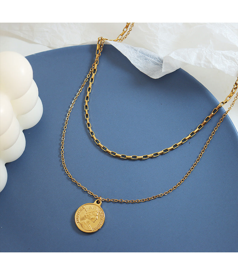 18K Gold Light Luxury Exquisite Coin Double Layer Design Necklace