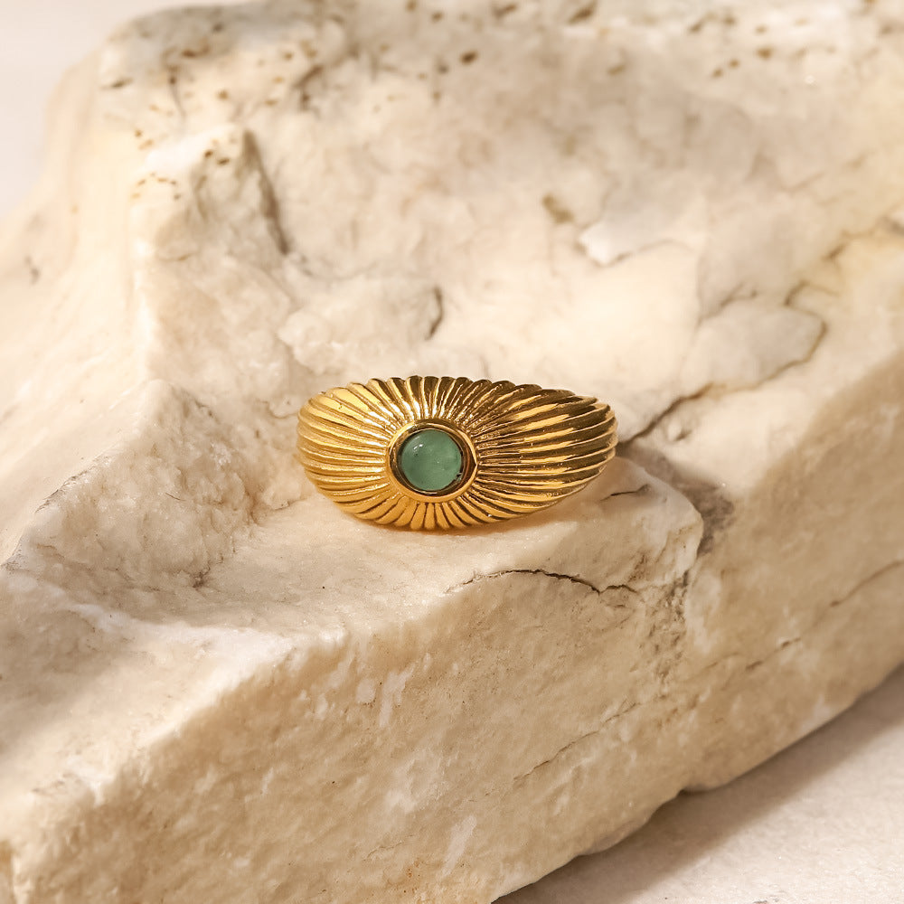 18K Gold Plated Inlaid Natural Green Stone Sun Shaped Punk Ring