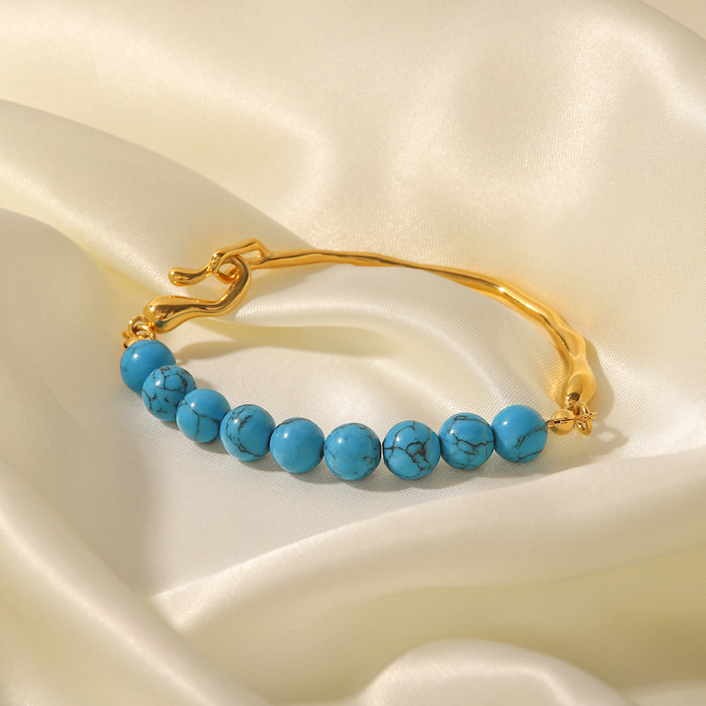 Natural Pearl/Blue Turquoise Light Luxury Vintage 18K Gold Inlaid Bracelet