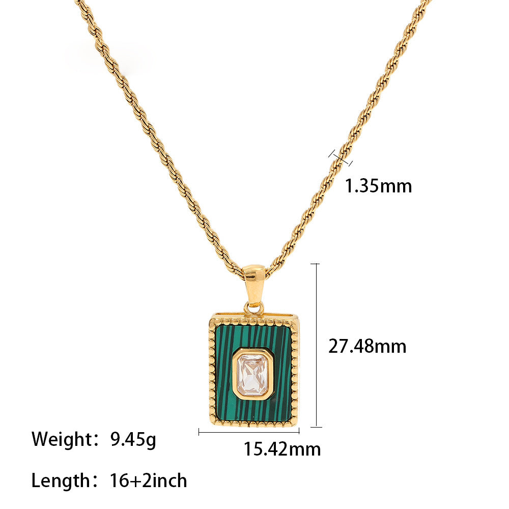 18K Gold Inlaid White Zircon Malachite Twist Chain Square Pendant Necklace