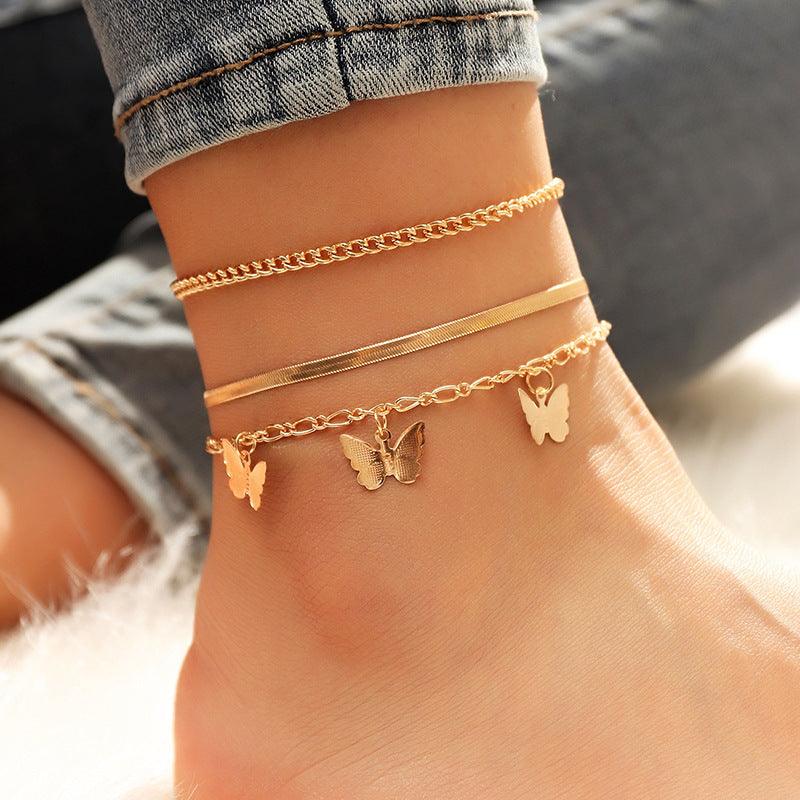 F10.Layered Chain Butterfly Pendant Anklet Set - Elle Royal Jewelry