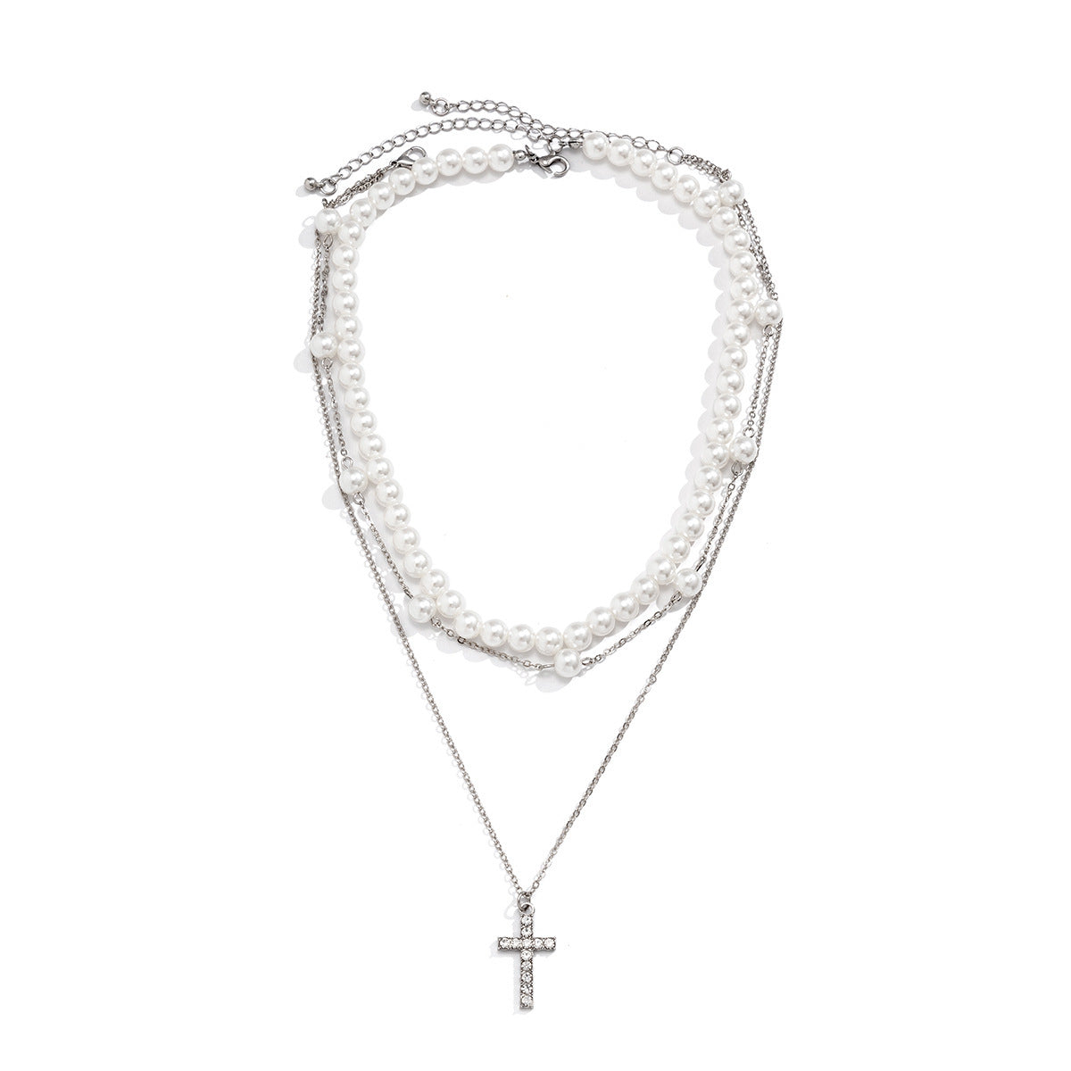 Men Fashionable and simple multi-layered cross with pearl hip-hop pendant necklace