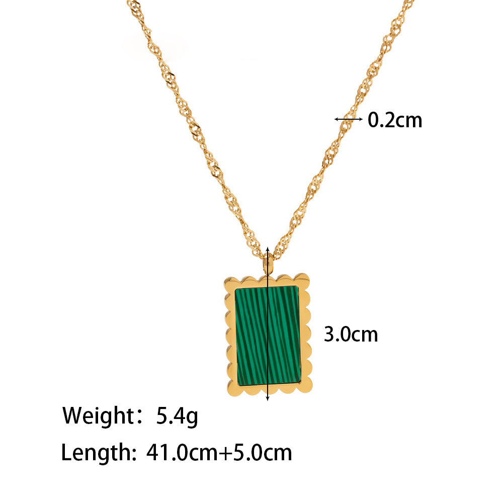 18K Gold Square Lace Inlaid White Shell/Green Malachite/Black Shell Pendant Necklace