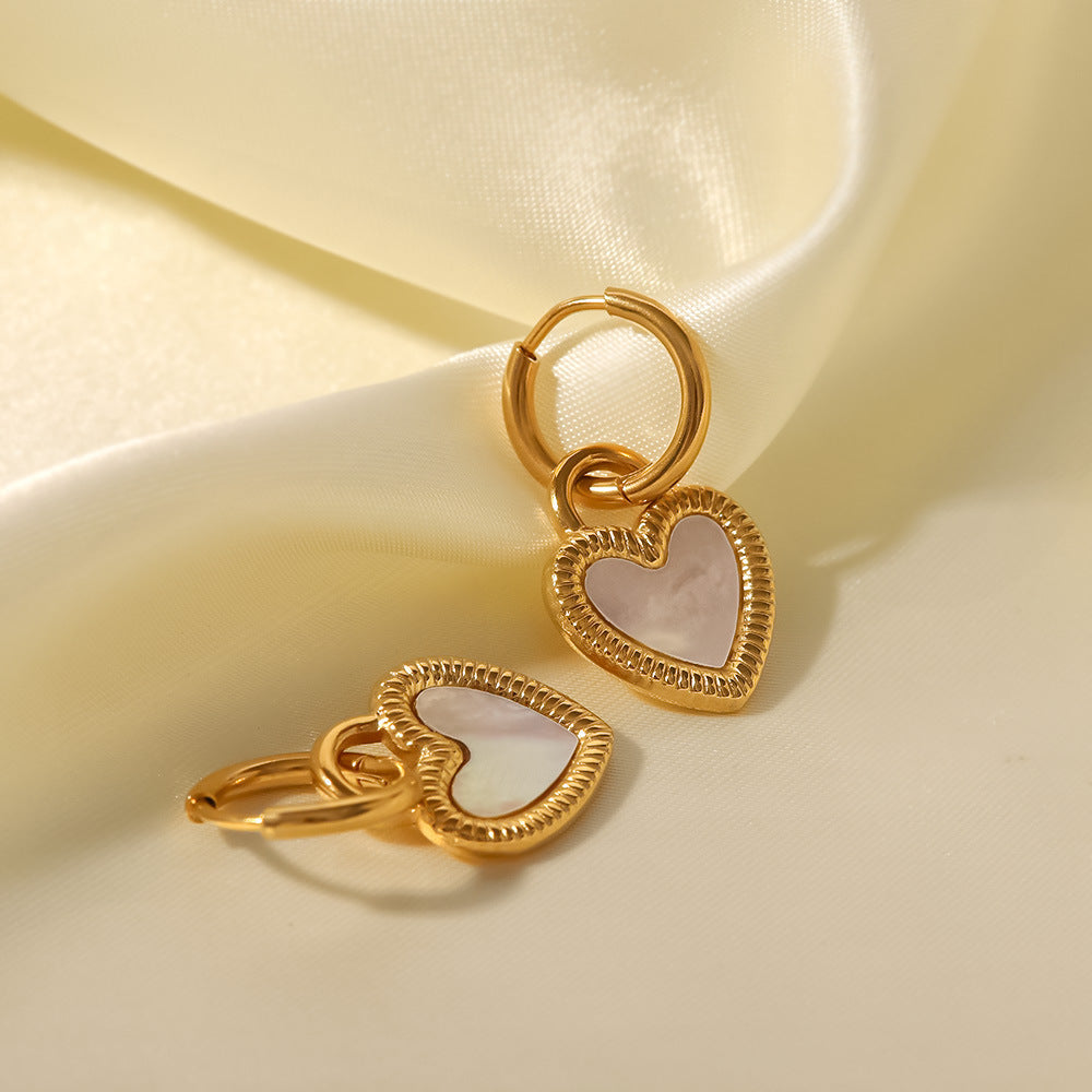 18k Gold Plated Inlaid White Natural Shell Heart Lock Design Pendant Earrings