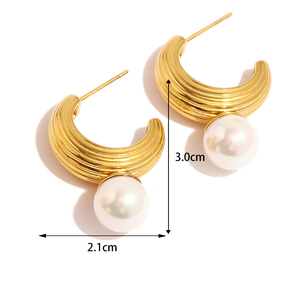 18K Gold Fashion Retro C Shape Inlaid Pearl Versatile Earrings