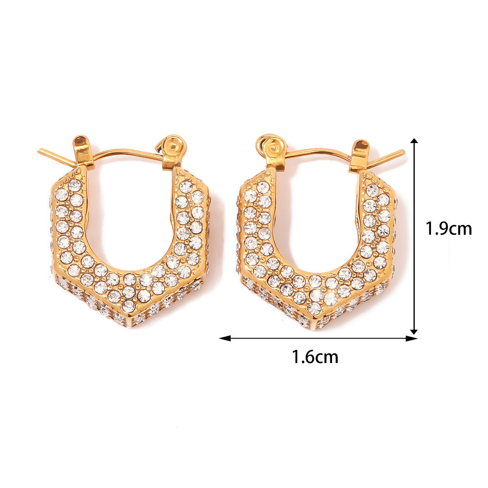 18K Gold Fashion Light Luxury Geometric Inlaid White Diamond Hollow Design Versatile Earrings