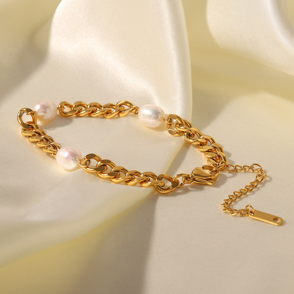 18K Gold Inlaid Three Pearls Fashion Simple Bracelet