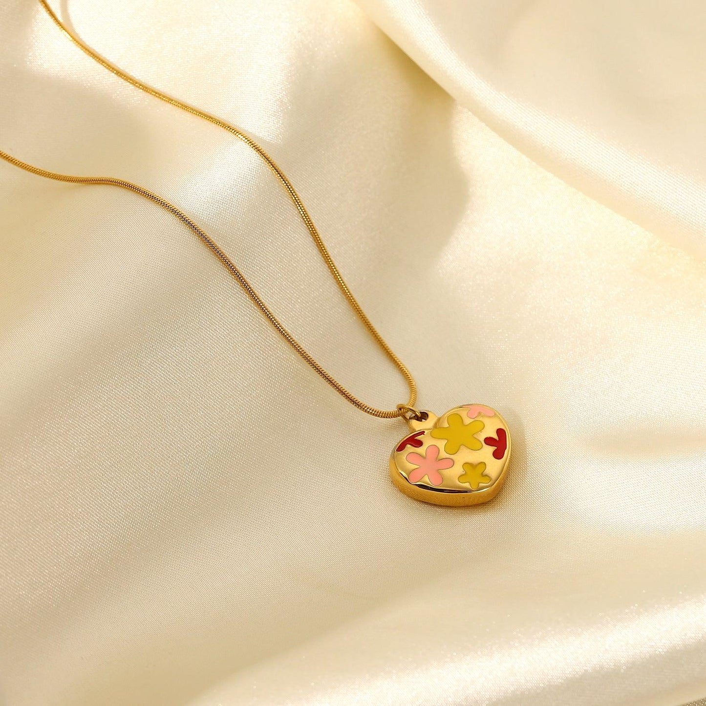 N28.Colorful Drop Oil Flower Heart Pendant Necklace - Elle Royal Jewelry