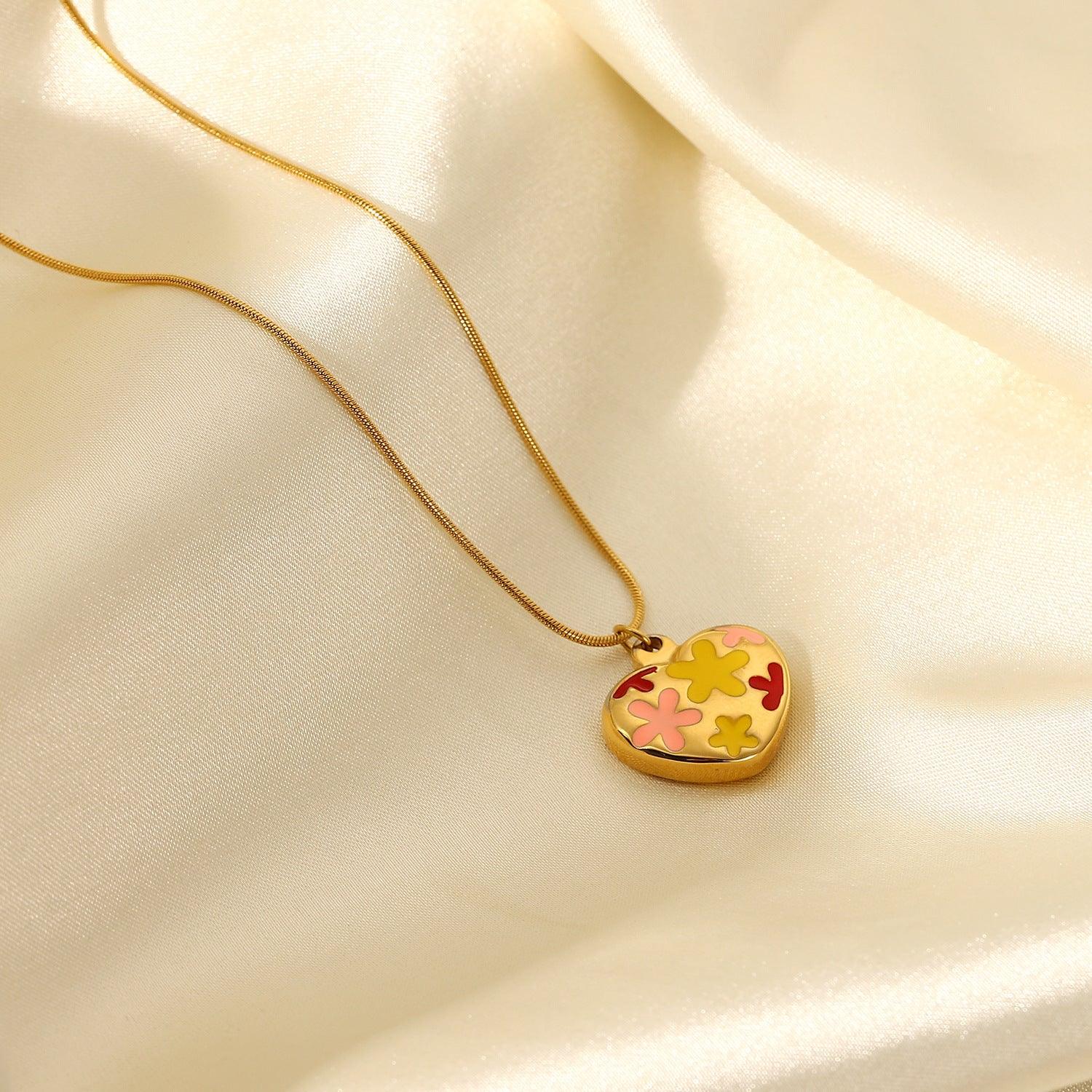 N28.Colorful Drop Oil Flower Heart Pendant Necklace - Elle Royal Jewelry