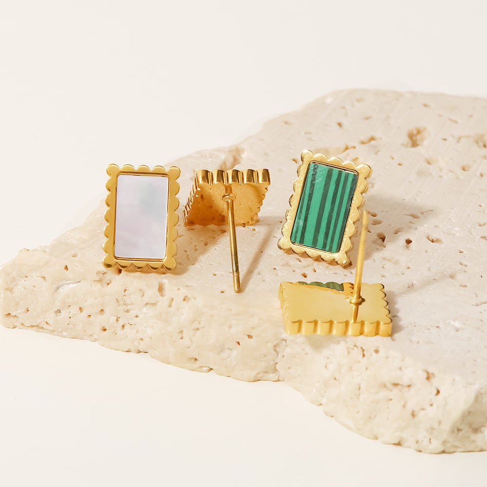 18K Gold Plated Inlaid Malachite/White Shell Square Earrings