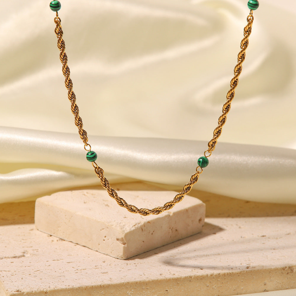 18k Gold Plated Inlaid Natural Green Malachite Twist Chain Style Necklace