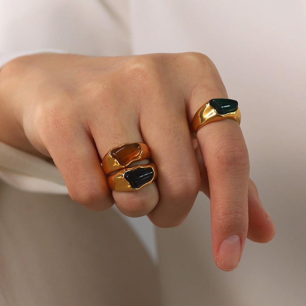 18K Gold Plated Black/Green/Brown Natural Stone Ring