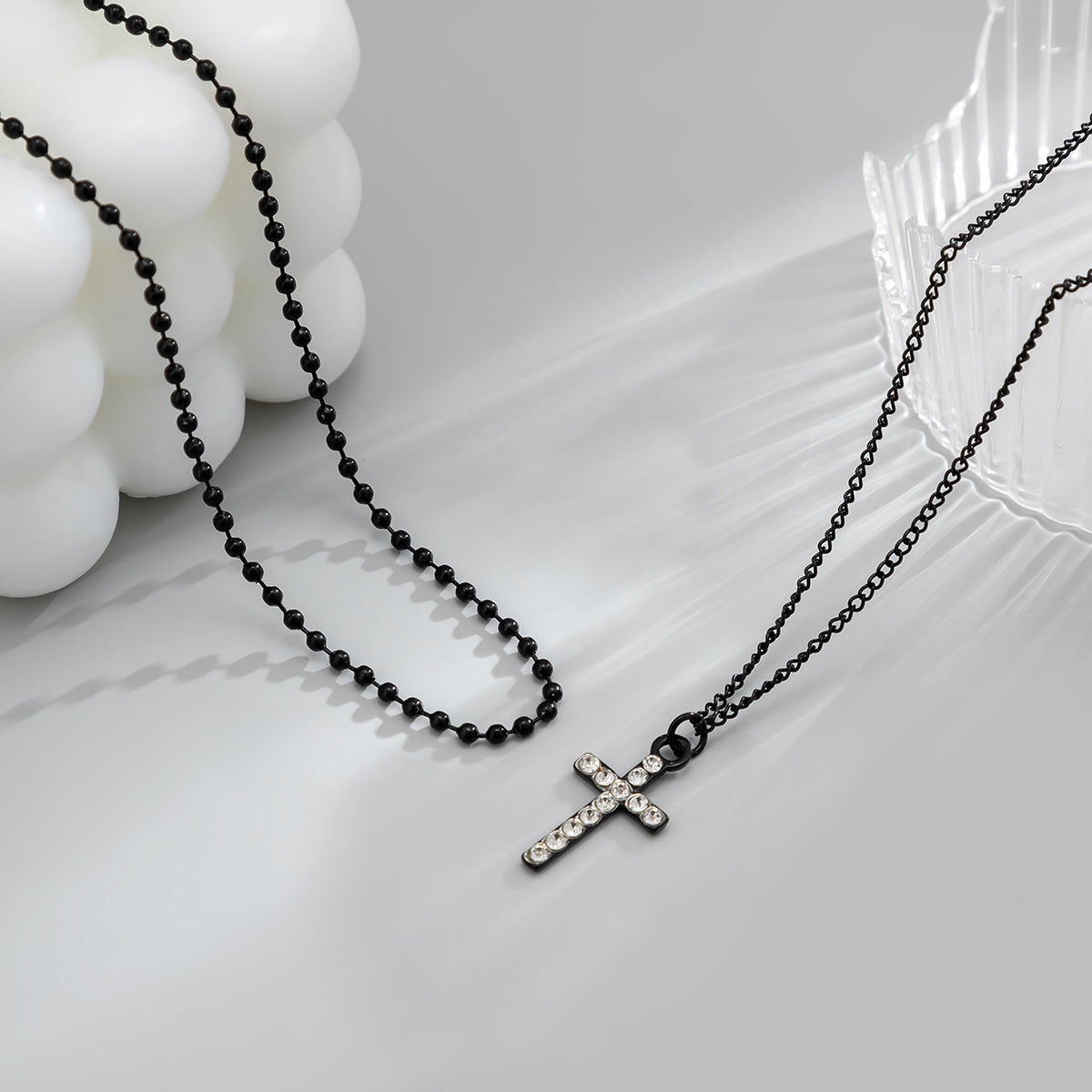 Men Retro light luxury double layered cross geometric diamond all-match pendant necklace