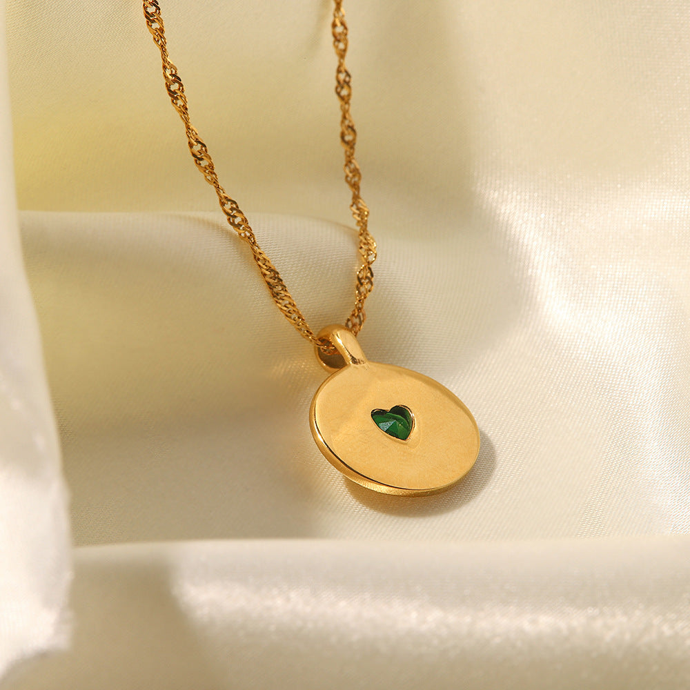 18K Gold Plated Heart Shaped White Green Zircon Coin Wind Pendant Necklace