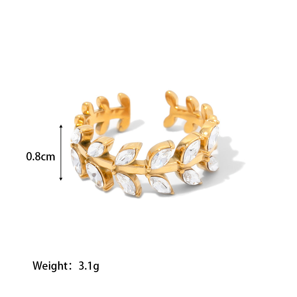 18K Gold Plated White Green Zircon Leaf Ring