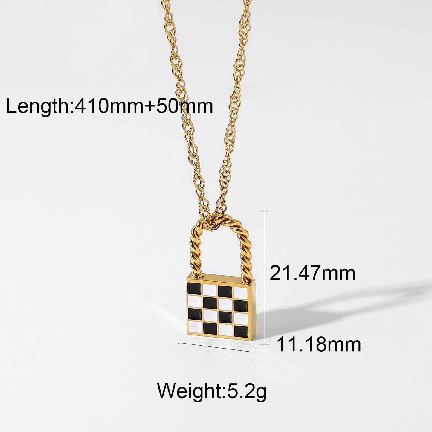 N29.18K Chess Checker Black White Green White Titanium Steel Necklace - Elle Royal Jewelry