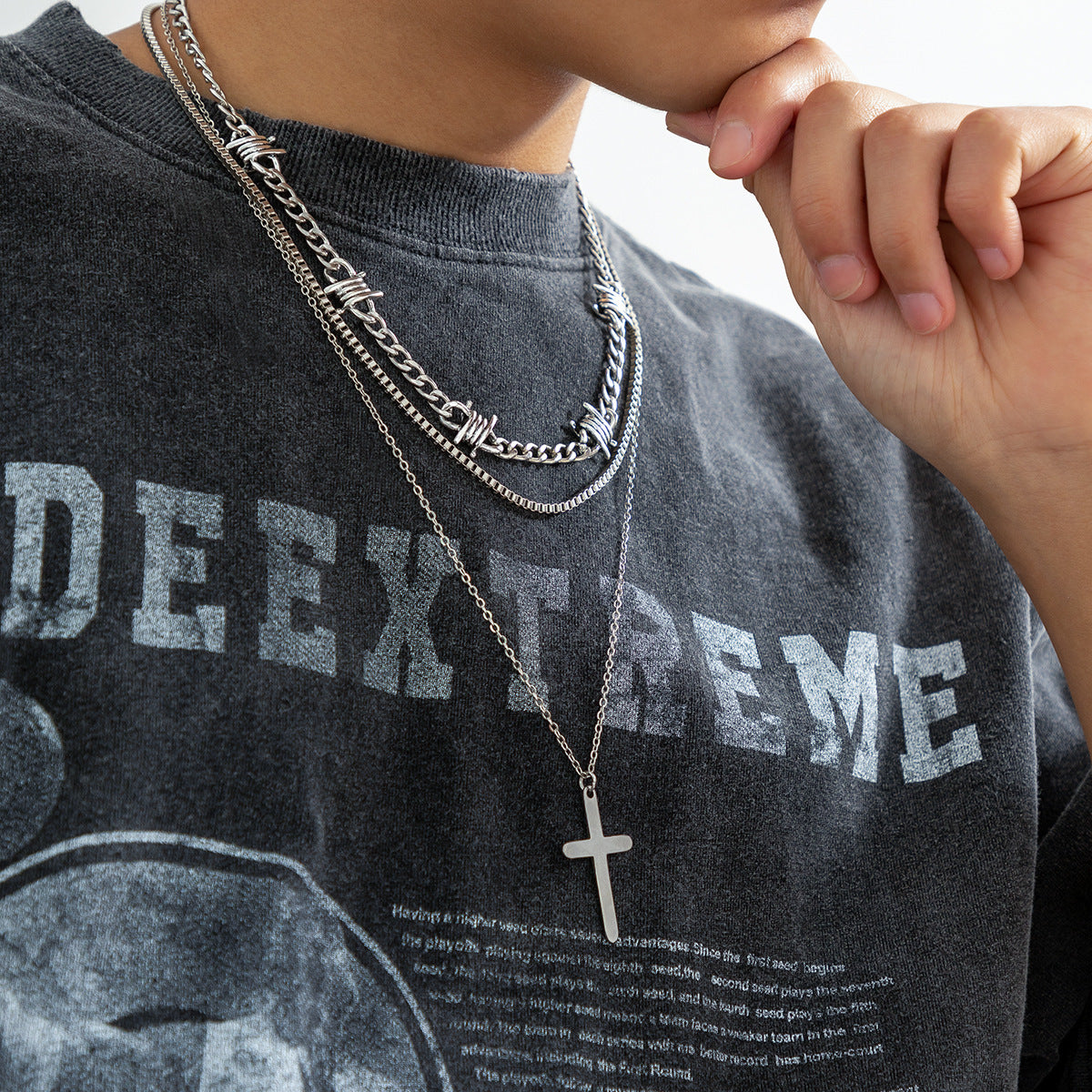 Men Fashionable and simple hip-hop style three-tiered pearl cross design necklace