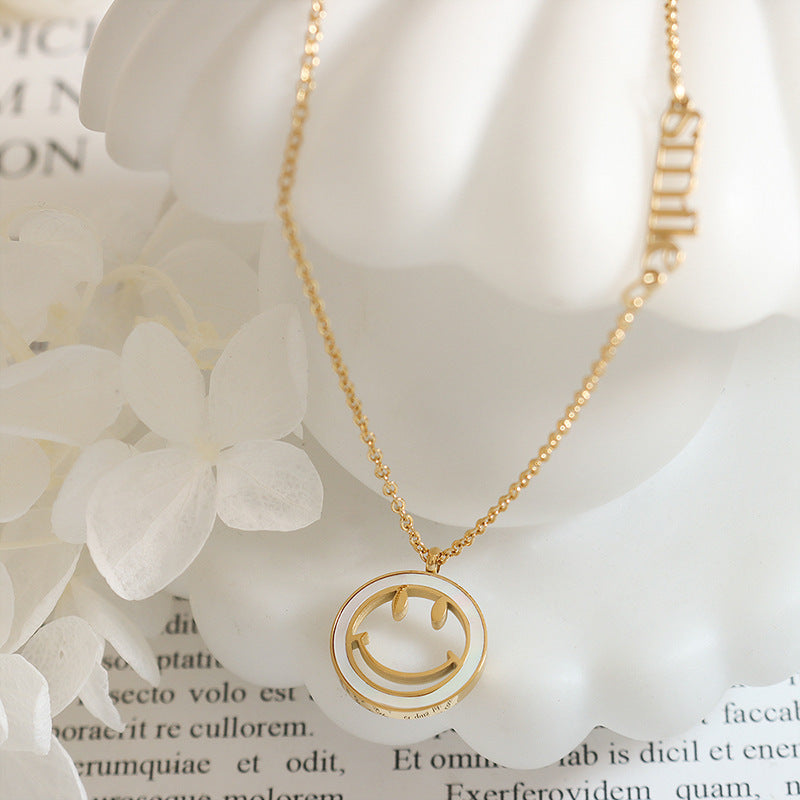 18K Gold Fashionable White Seashell Smiley Face Design with English Alphabet Pendant Necklace