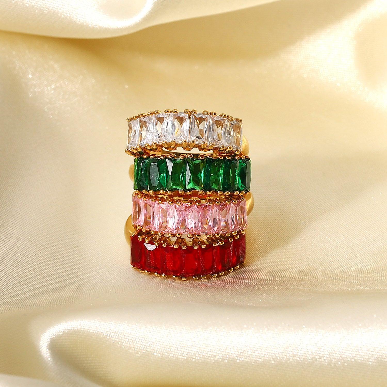 R22.18K Gold Half Circle Rectangular White/Red/Green/Pink Zircon Ring - Elle Royal Jewelry