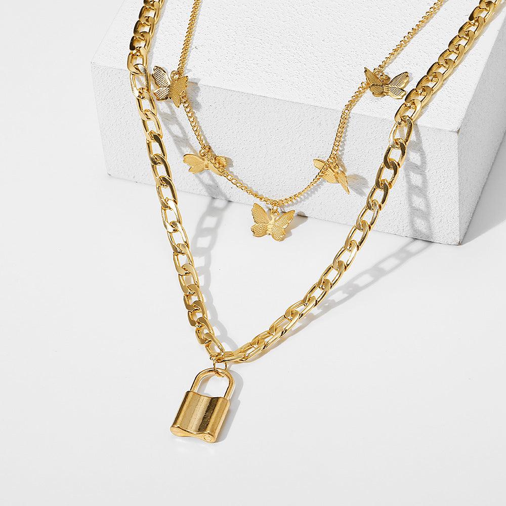 N25.Creative Lock Pendant Stacked Layered Necklace - Elle Royal Jewelry