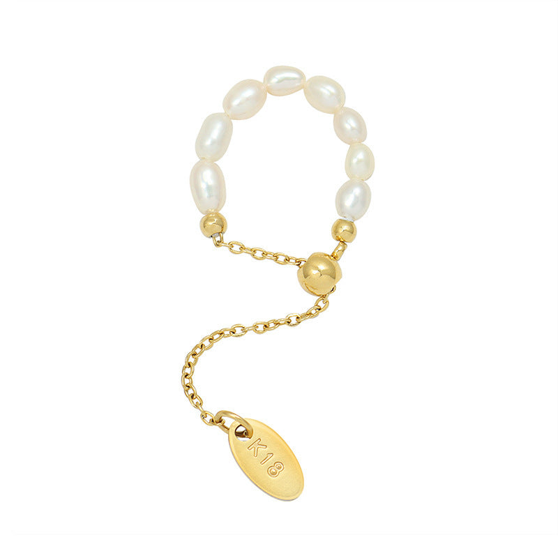 18K Gold with Freshwater Pearl Chain Adjustable Design Ring