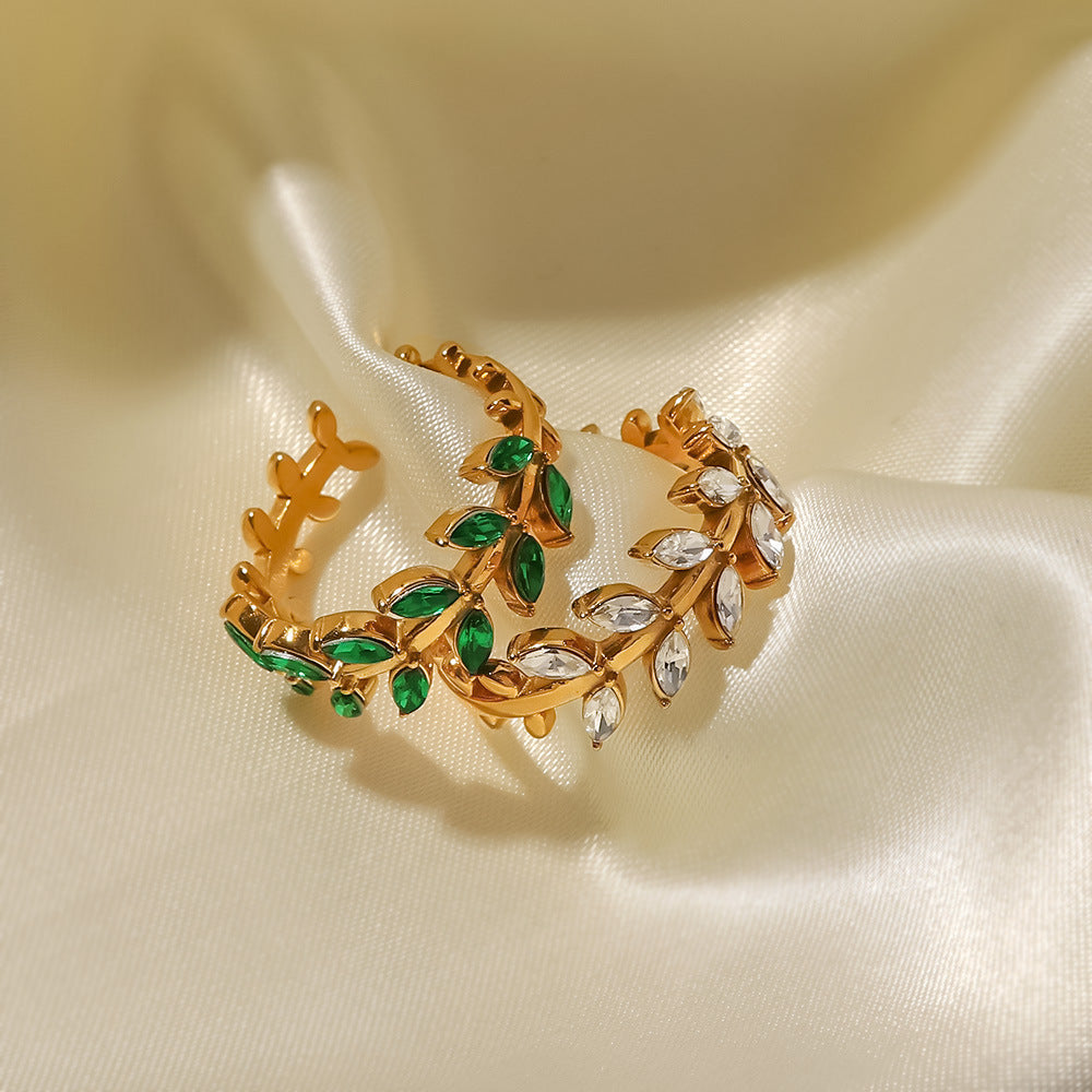 18K Gold Plated White Green Zircon Leaf Ring