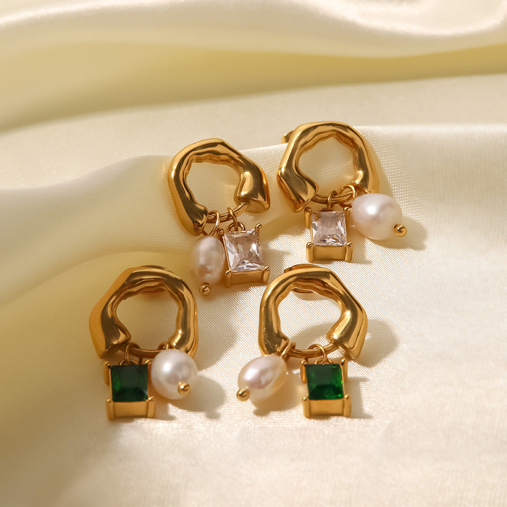 18K Gold Plated Inlaid White Green Zircon Natural Freshwater Pearl Drop Earrings