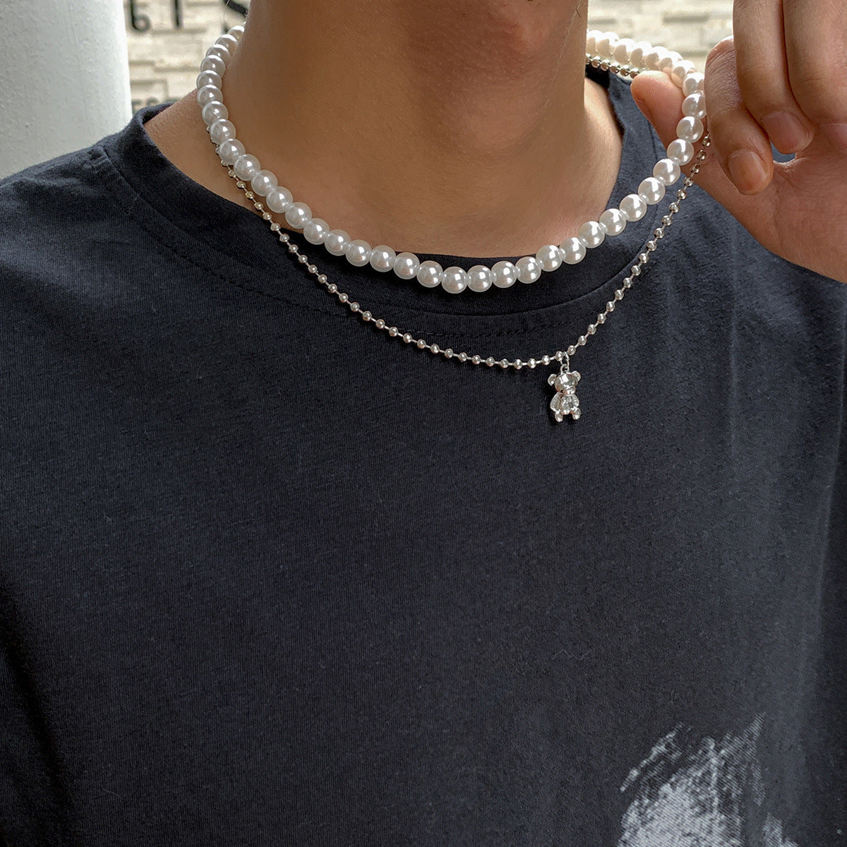 Men Simple hip-hop style pearl with bear all-match necklace