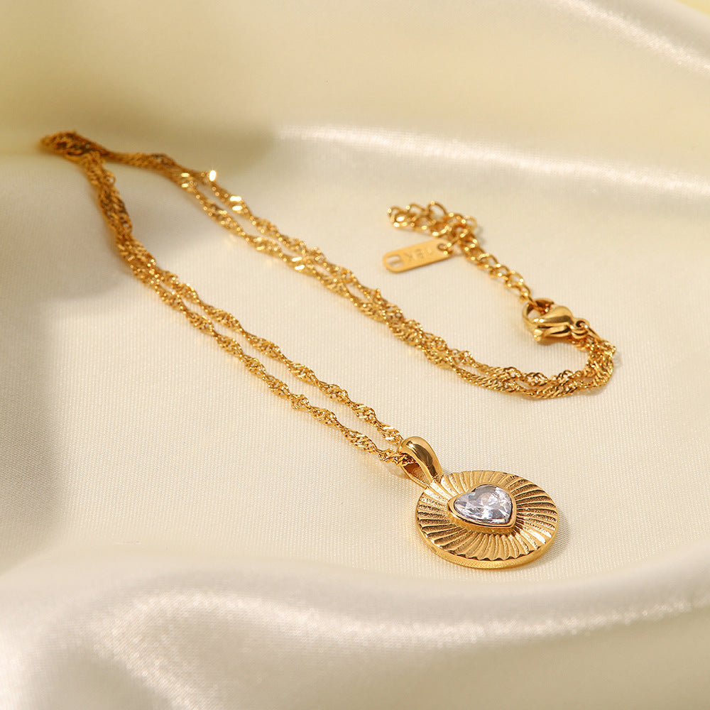 18K Gold Plated Heart Shaped White Green Zircon Coin Wind Pendant Necklace