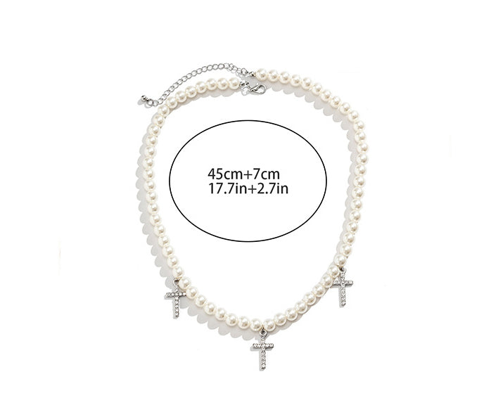 Men Fashion personality cross diamond design with pearl hip-hop necklace