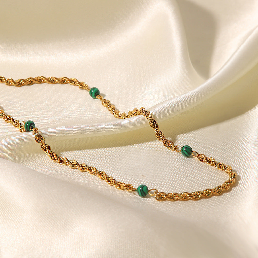 18k Gold Plated Inlaid Natural Green Malachite Twist Chain Style Necklace