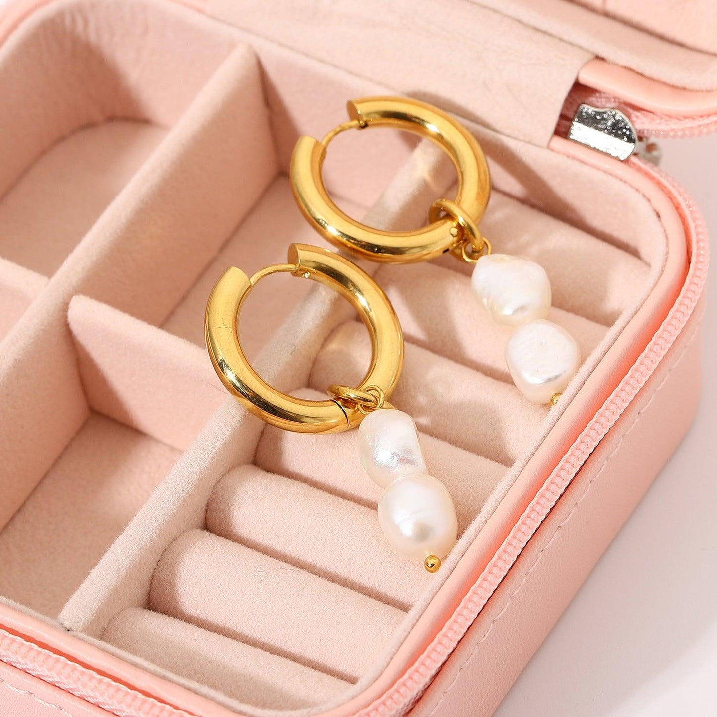 E16.18K Gold Pearl Drop Double Earrings - Elle Royal Jewelry