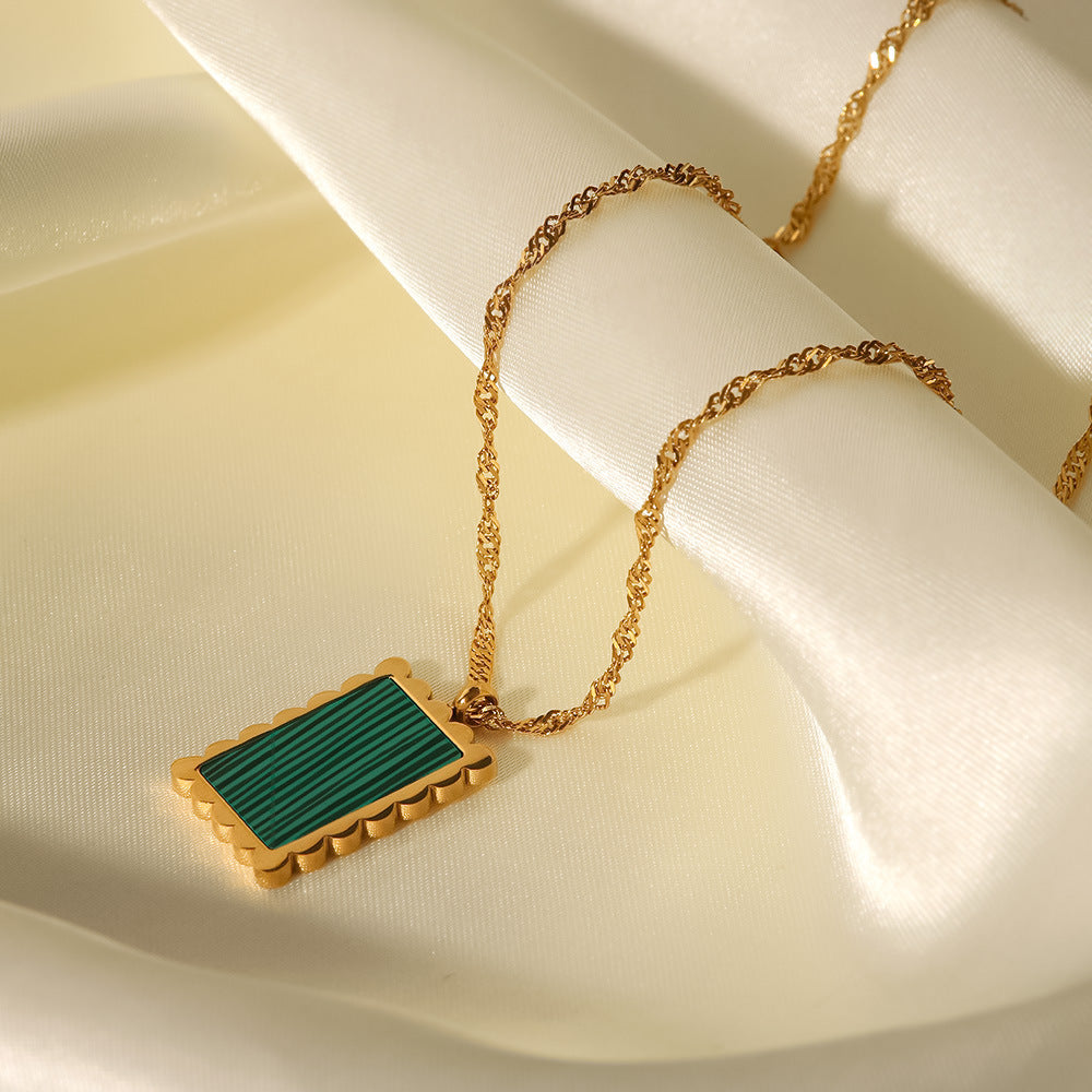 18K Gold Square Lace Inlaid White Shell/Green Malachite/Black Shell Pendant Necklace