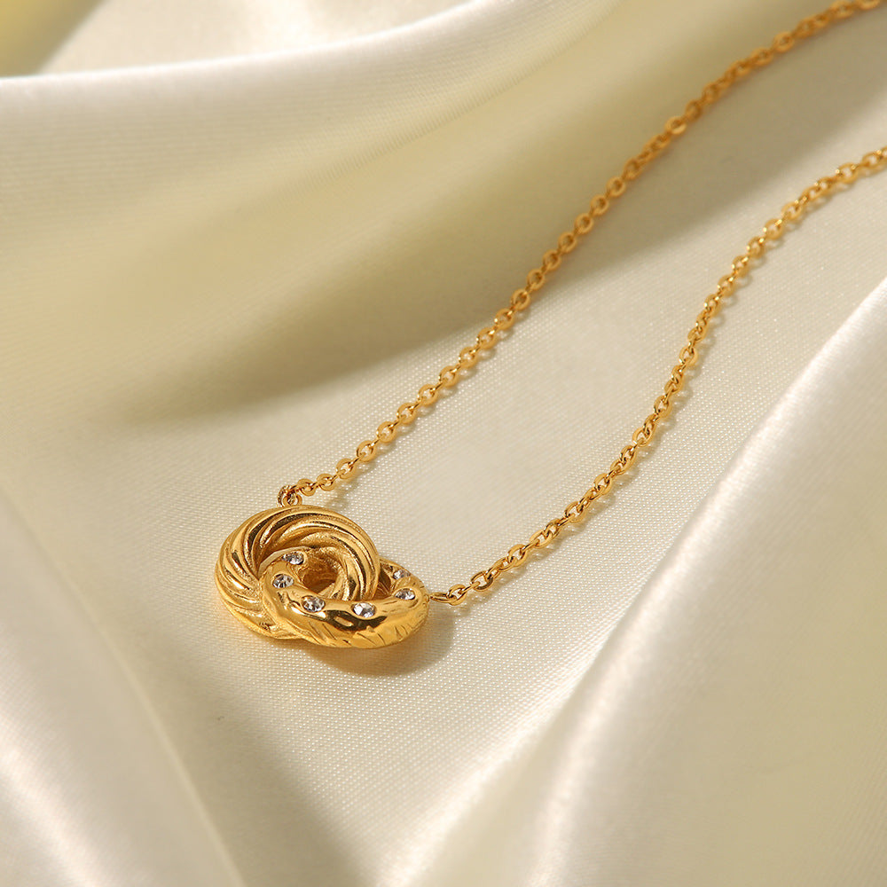 18K gold plated double circle with white diamond pendant necklace