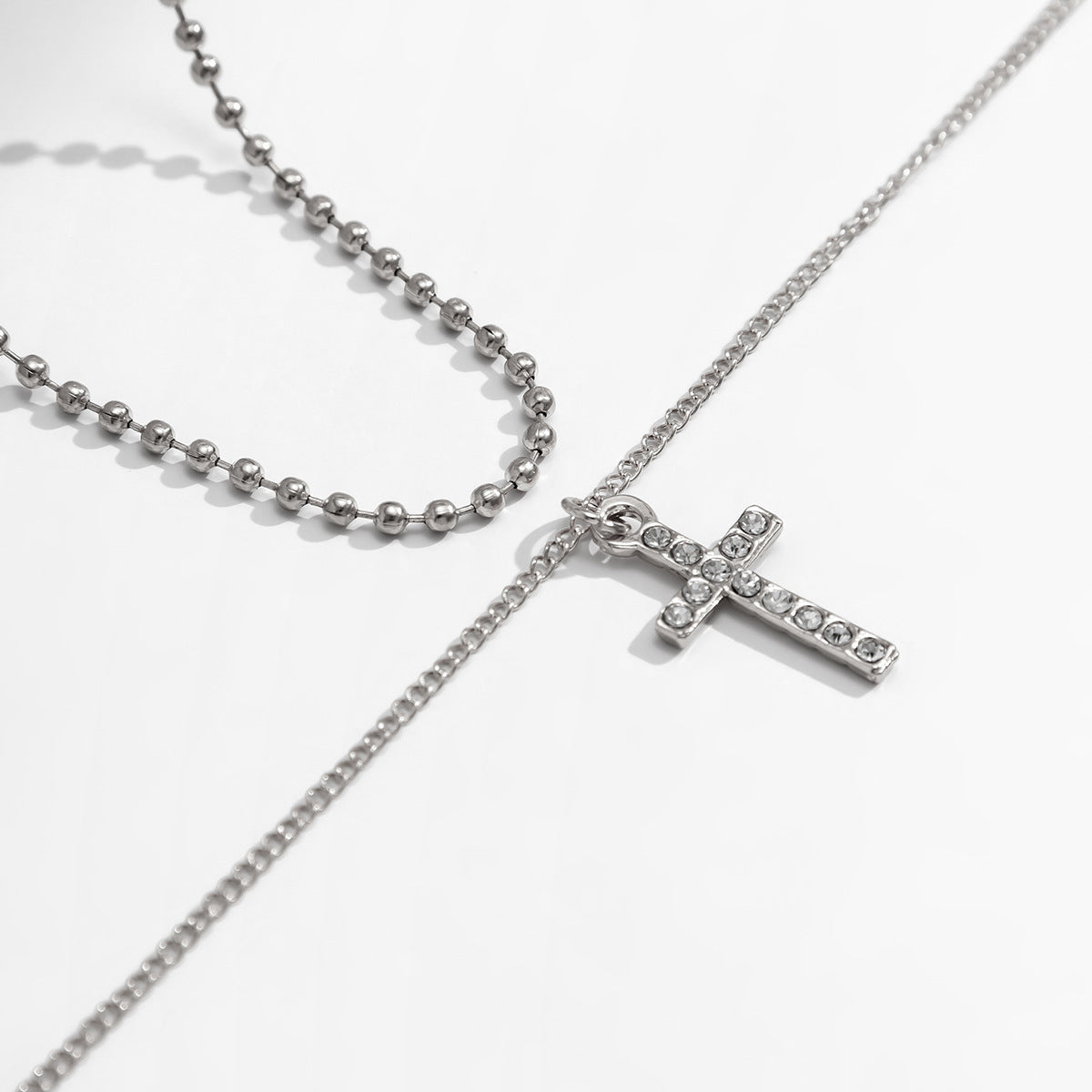 Men Retro light luxury double layered cross geometric diamond all-match pendant necklace