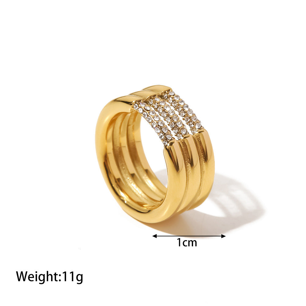 18K Gold Plated Inlaid White/Green Diamond Three-Layer Versatile Ring