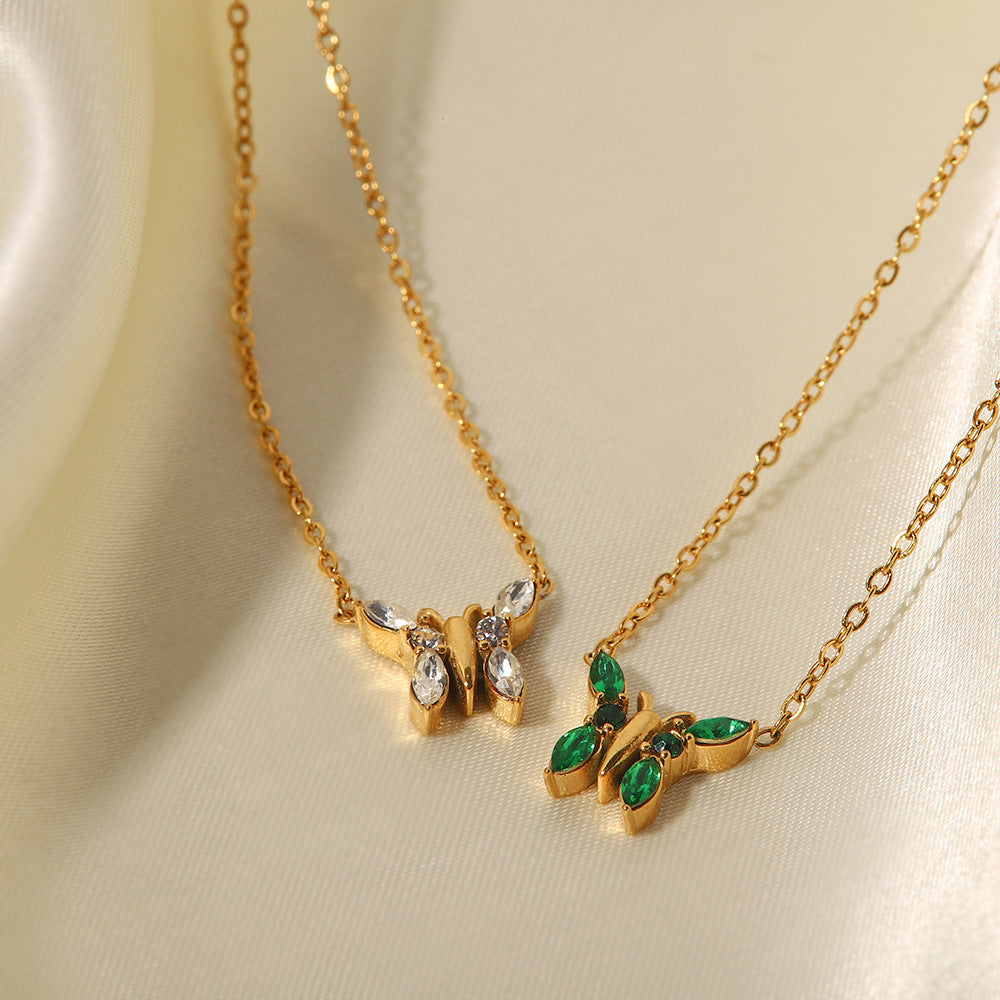 18K gold plated butterfly necklace with green/white zircon stylish