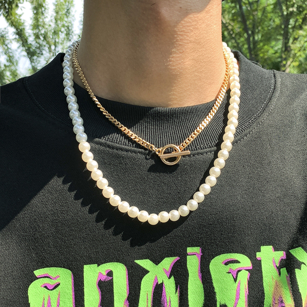 Men Vintage Pearl Double Layer Street Hip Hop Design Necklace