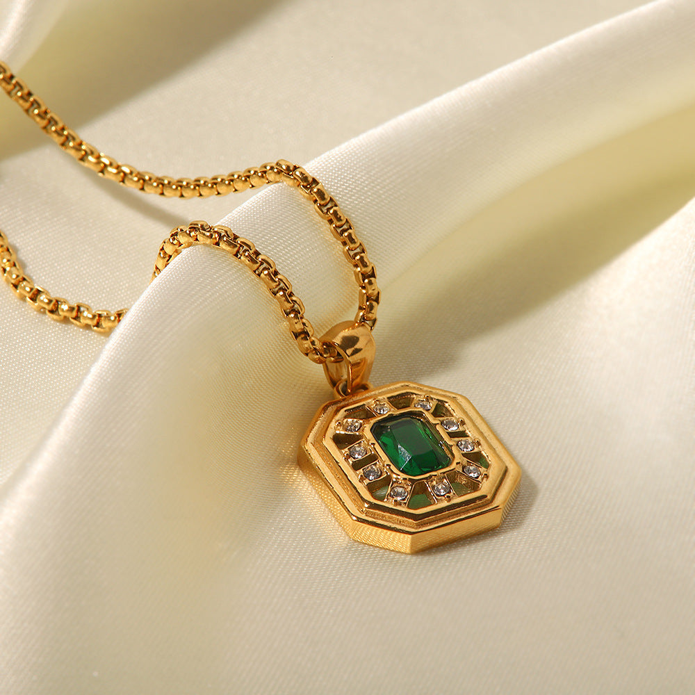 18K gold plated inlaid green zircon simple versatile necklace