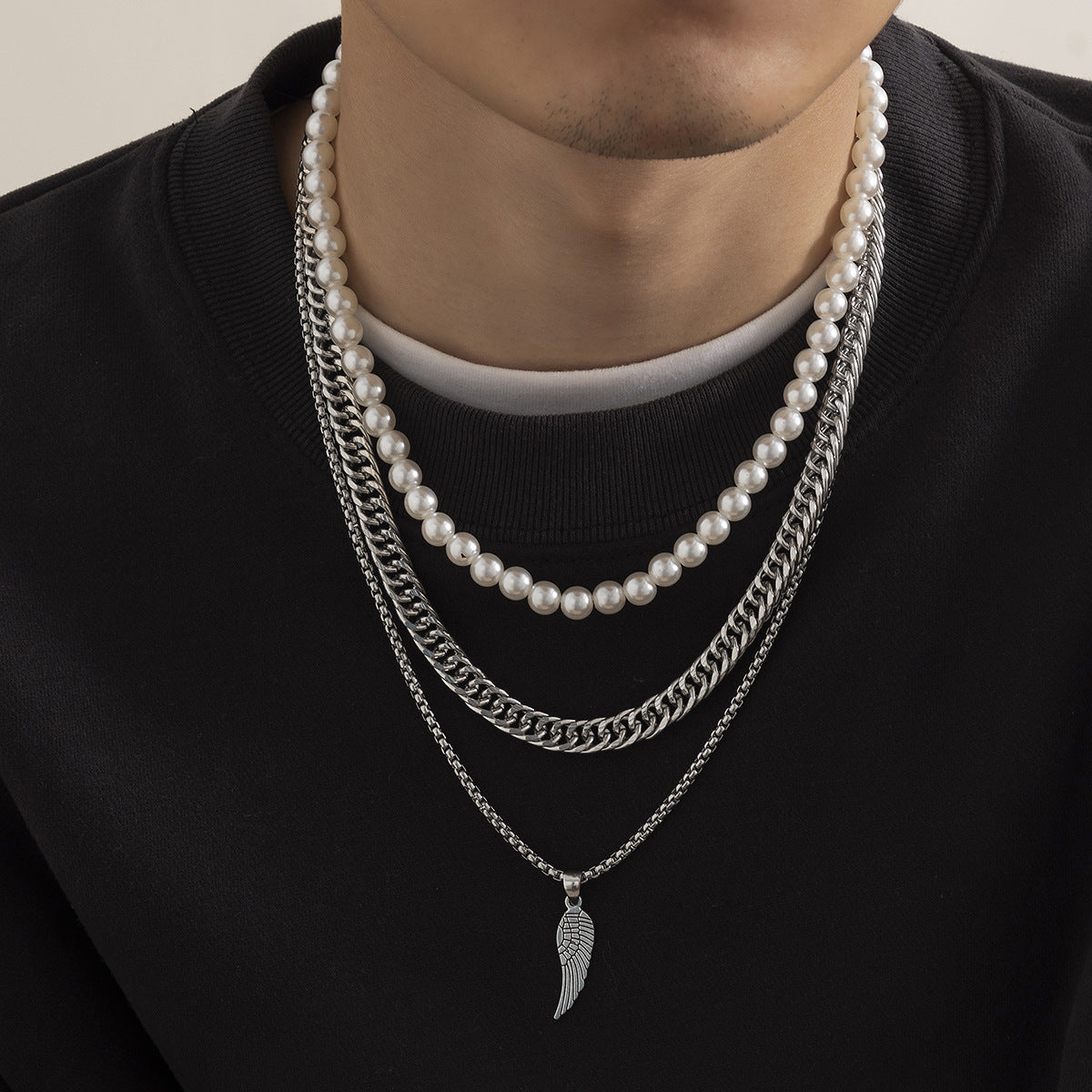 Men Delicate Vintage Layered Pearl and Feather Pendant Necklace