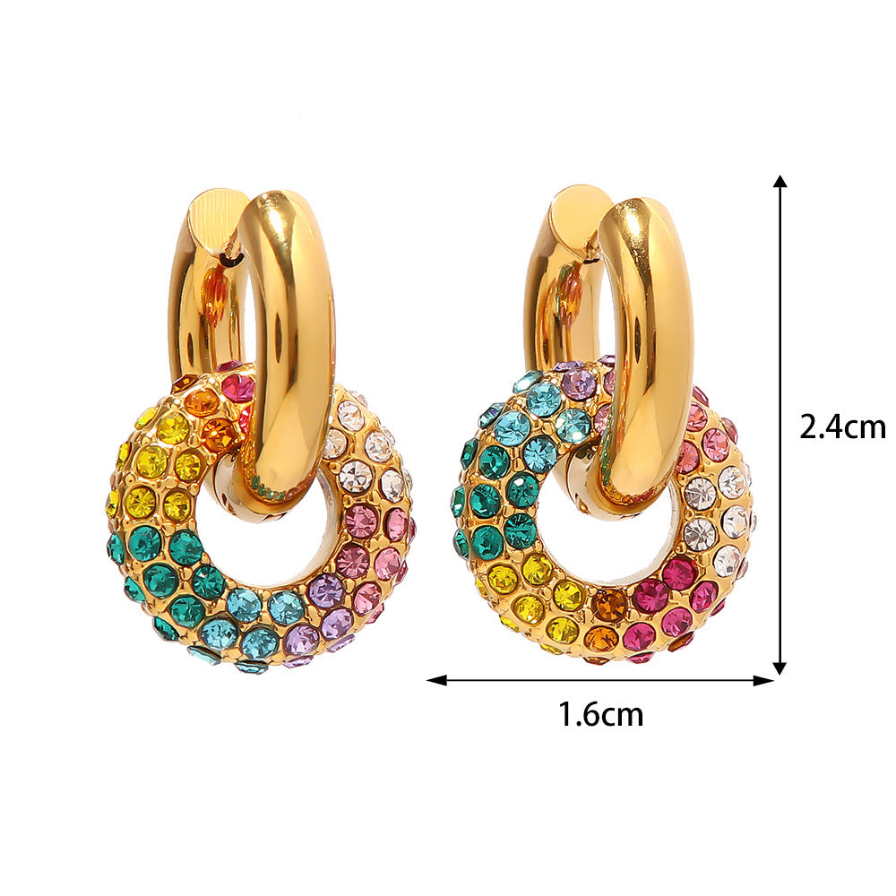 18k Gold Fashion Exquisite Colorful Diamond Donut Design Versatile Earrings "