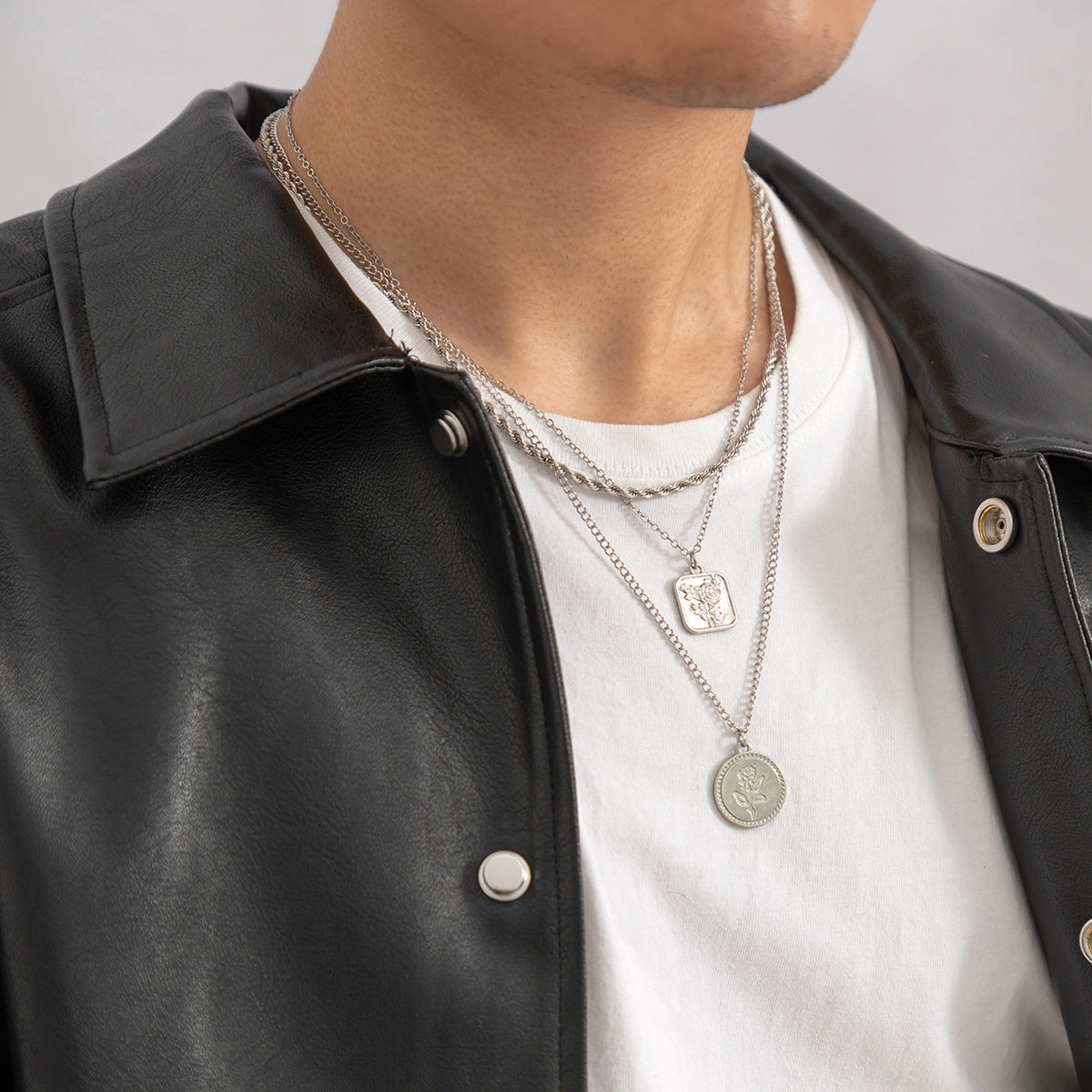 Round square rose three-layer men necklace