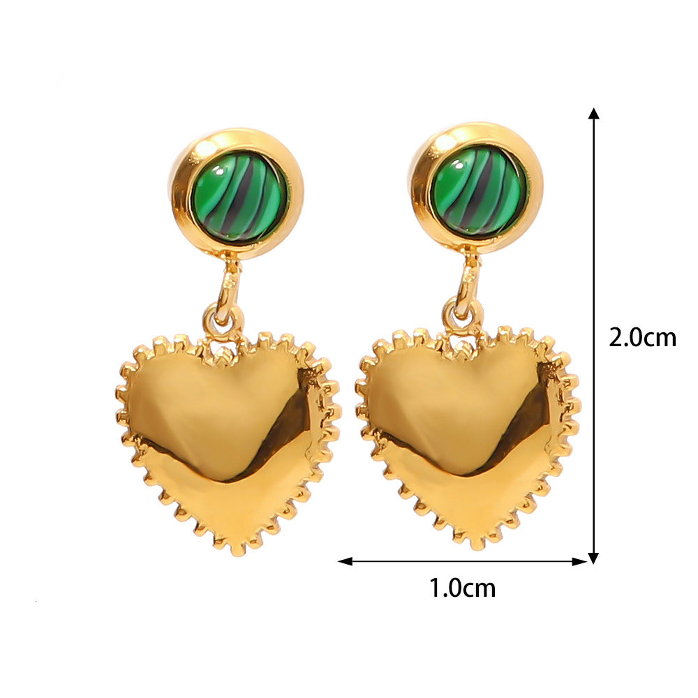 18K Gold Simple Inlaid White Diamond Malachite Heart Pendant Versatile Earrings