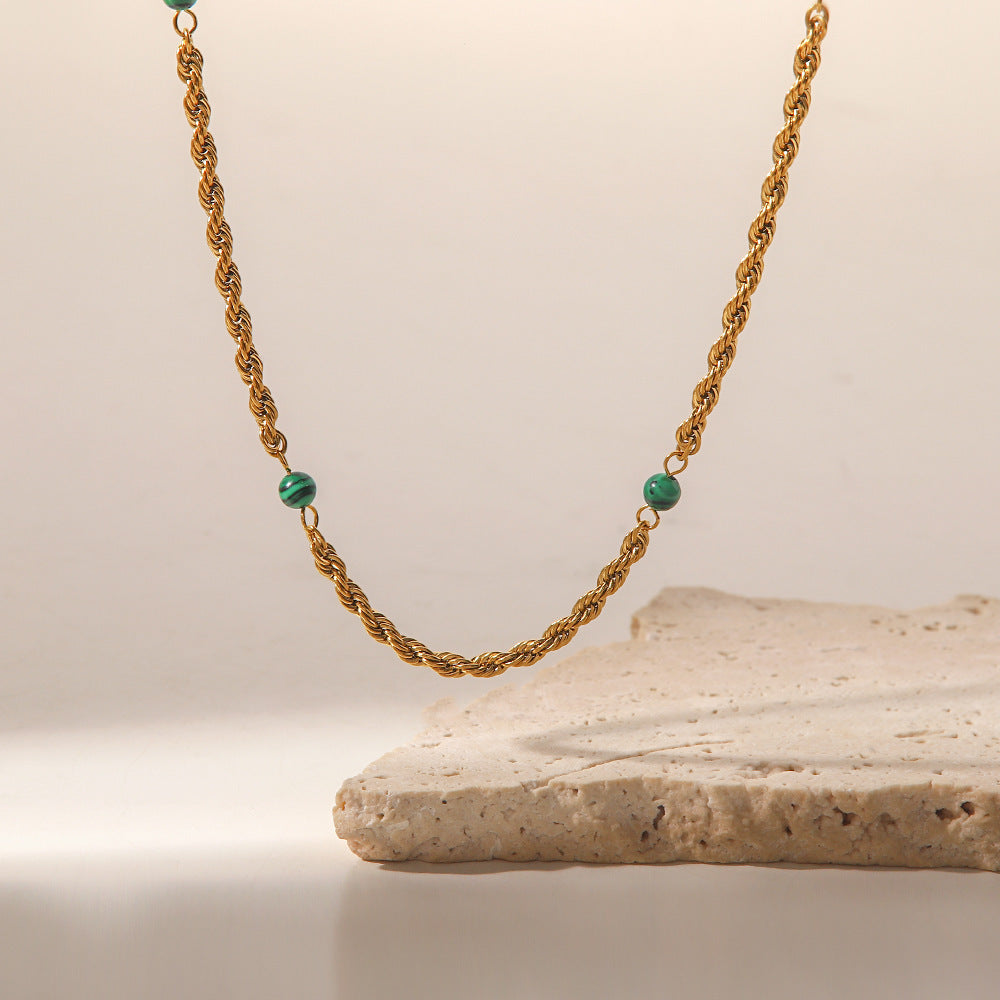 18k Gold Plated Inlaid Natural Green Malachite Twist Chain Style Necklace