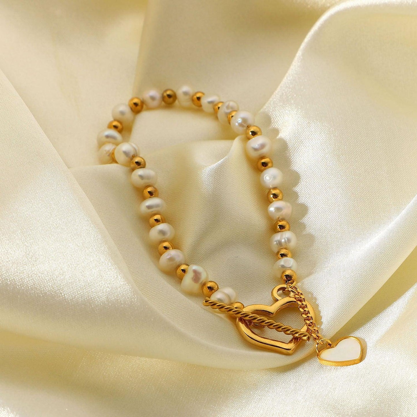 B10.18K Gold Pearl Heart OT Buckle Bracelet - Elle Royal Jewelry