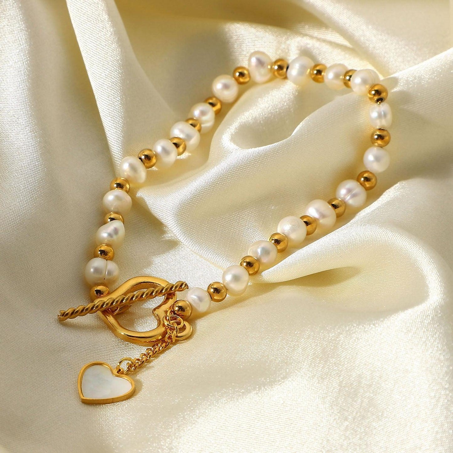 B10.18K Gold Pearl Heart OT Buckle Bracelet - Elle Royal Jewelry