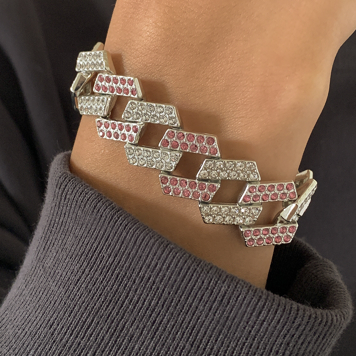 Men Fashion Colorblock Geometric Rhombus Diamond Cuban Chain Bracelet