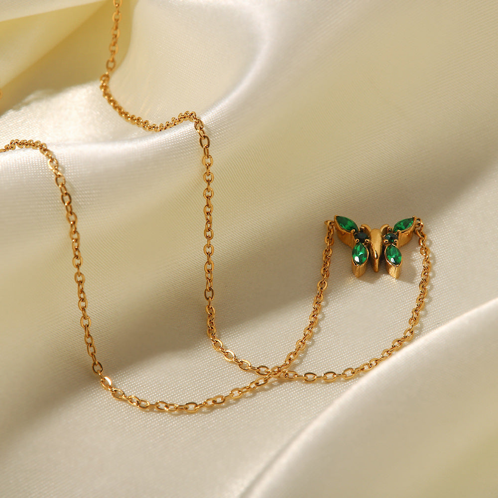 18K gold plated butterfly necklace with green/white zircon stylish