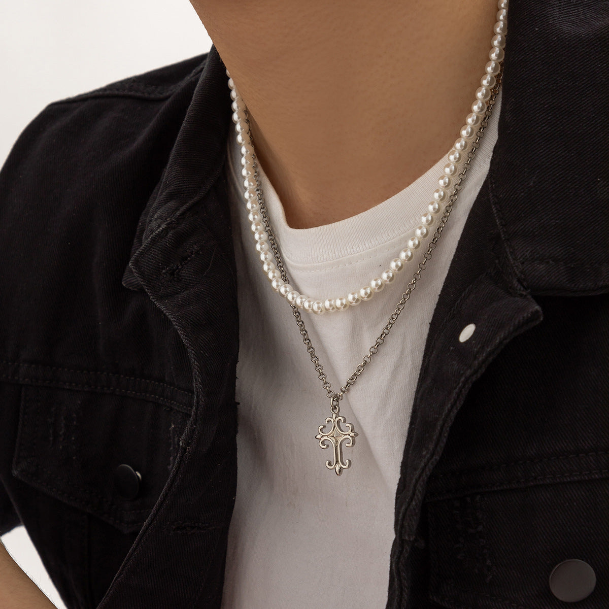 Men Simple fashion double layer pearl with cross design versatile pendant necklace